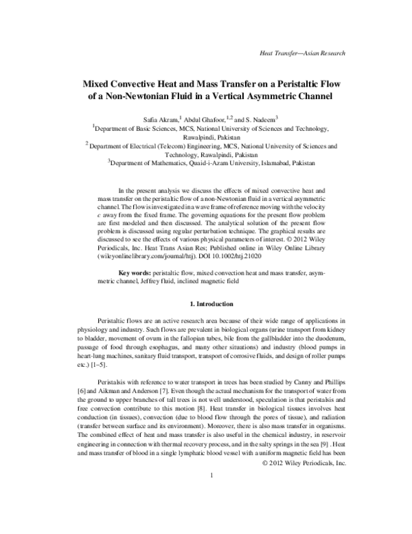 (PDF) Mixed convective heat and mass transfer on a peristaltic flow of ...