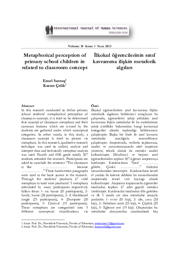 (PDF) Metaphorical perception of primary school children in related to ...