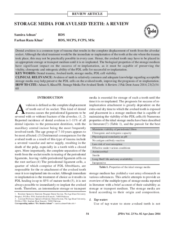 (PDF) Storage Media for Avulsed Teeth A Review Samira Adnan