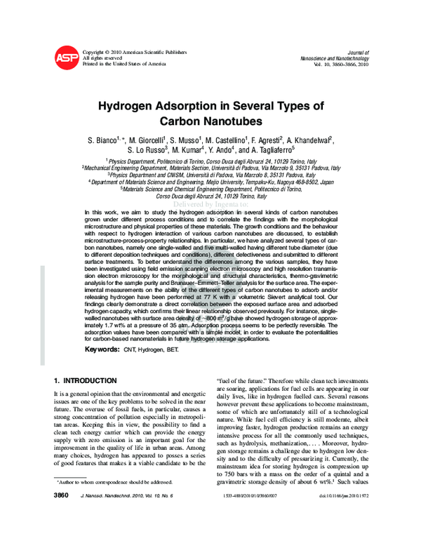 (PDF) Hydrogen Adsorption in Several Types of Carbon Nanotubes