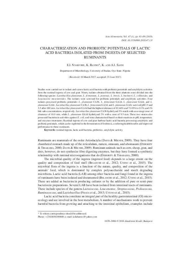 (PDF) Characterization and probiotic potentials of lactic acid bacteria ...