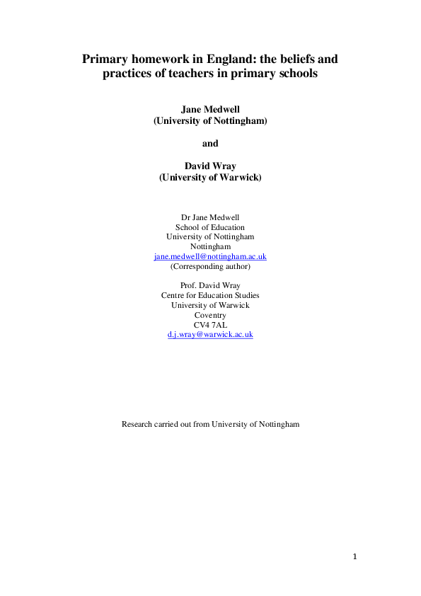 (PDF) Primary homework in England: the beliefs and practices of ...
