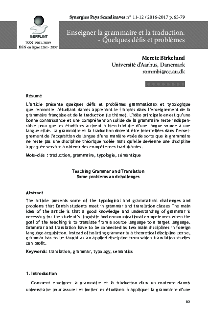 Enseigner la grammaire et la traduction. - Quelques défis et problèmes