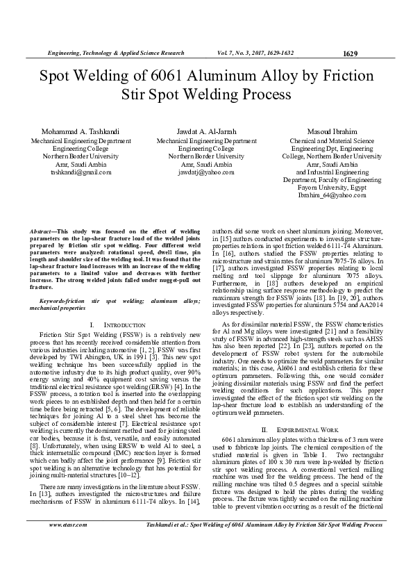 (PDF) Spot Welding of 6061 Aluminum Alloy by Friction Stir Spot Welding ...