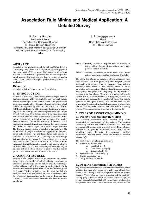 (PDF) Association Rule Mining and Medical Application: A Detailed Survey