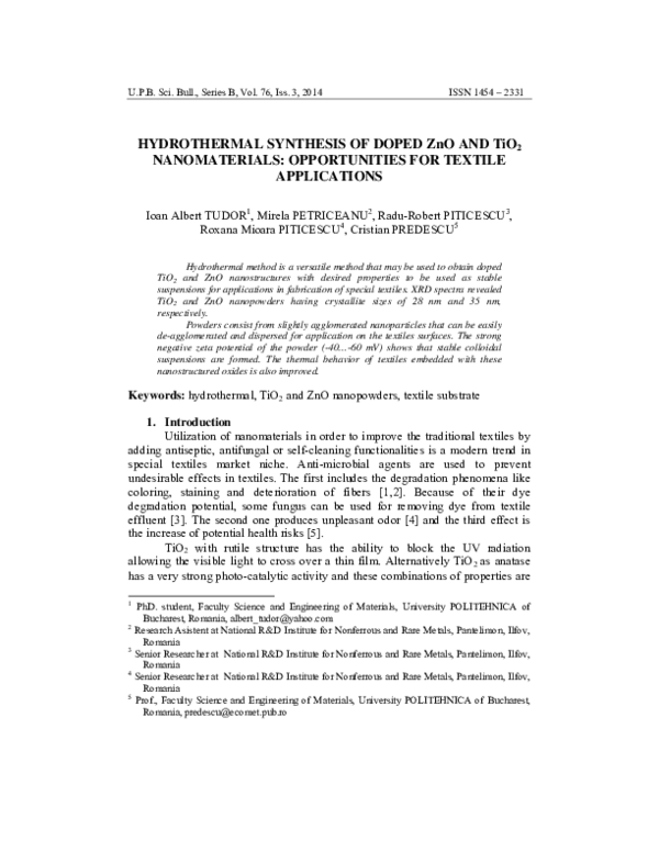 (PDF) HYDROTHERMAL SYNTHESIS OF DOPED ZnO AND TiO2 NANOMATERIALS ...
