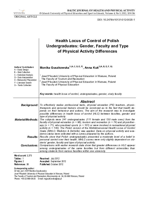 (PDF) Health locus of control of polish undergraduates: gender, faculty ...