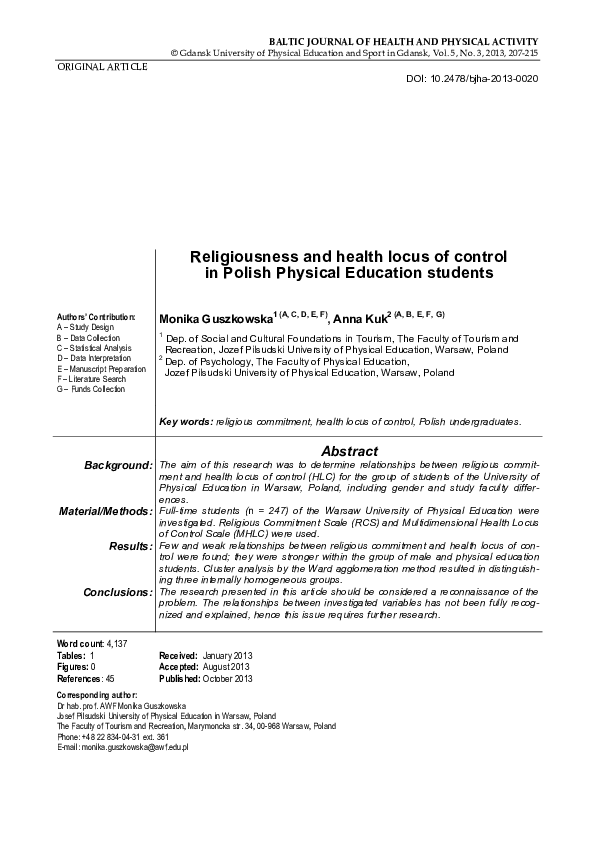 (PDF) Religiousness and health locus of control in Polish Physical ...