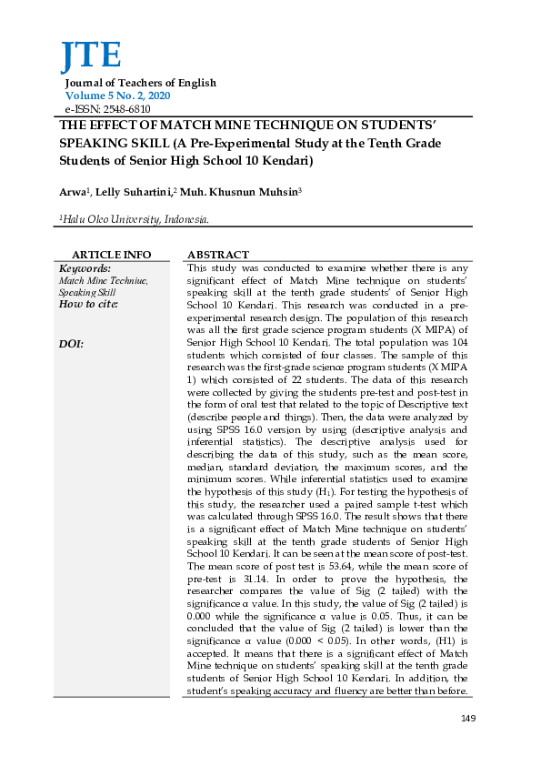 (PDF) THE EFFECT OF MATCH MINE TECHNIQUE ON STUDENTS’ SPEAKING SKILL (A ...