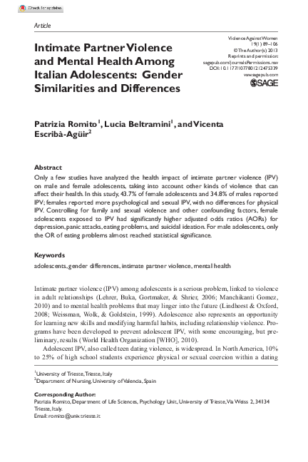 (PDF) Intimate Partner Violence and Mental Health Among Italian Adolescents