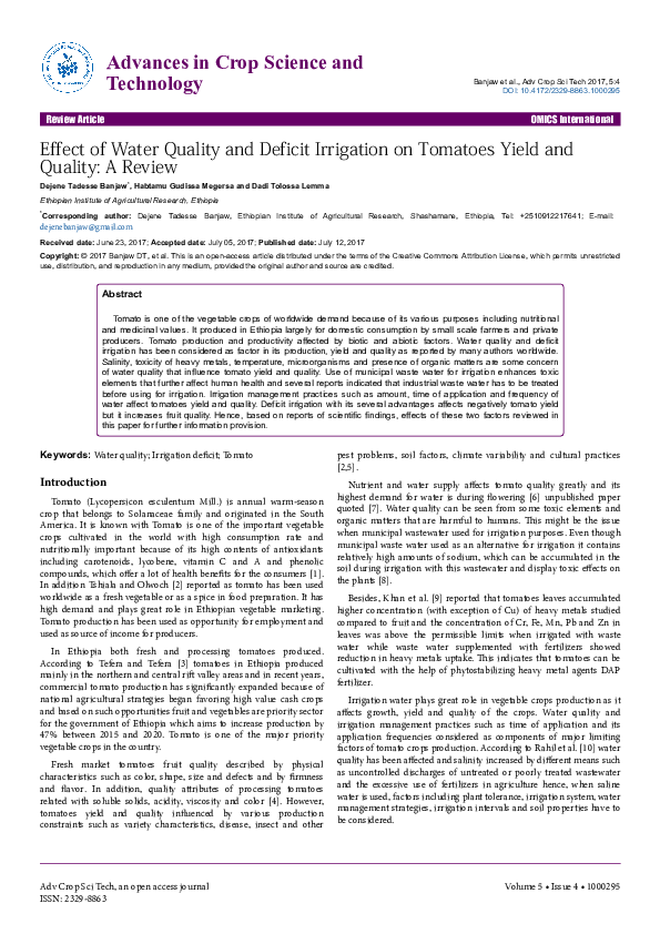 (PDF) Effect of Water Quality and Deficit Irrigation on Tomatoes Yield ...