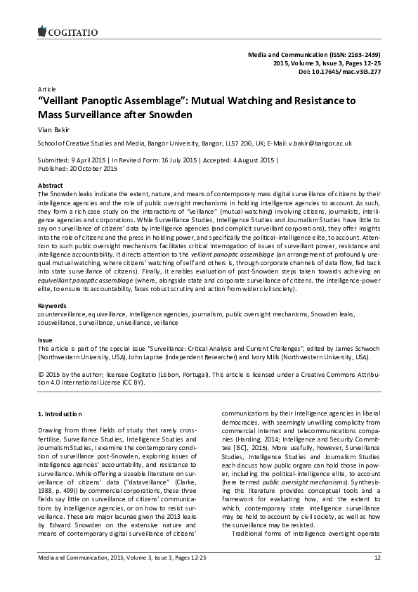 “Veillant Panoptic Assemblage”: Mutual Watching and Resistance to Mass Surveillance after Snowden