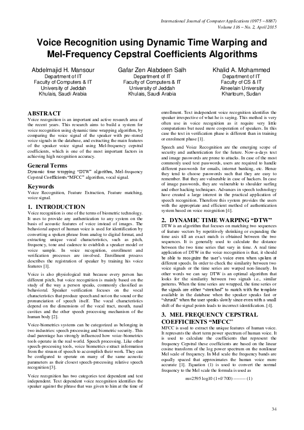 (PDF) Voice Recognition using Dynamic Time Warping and Mel-Frequency ...