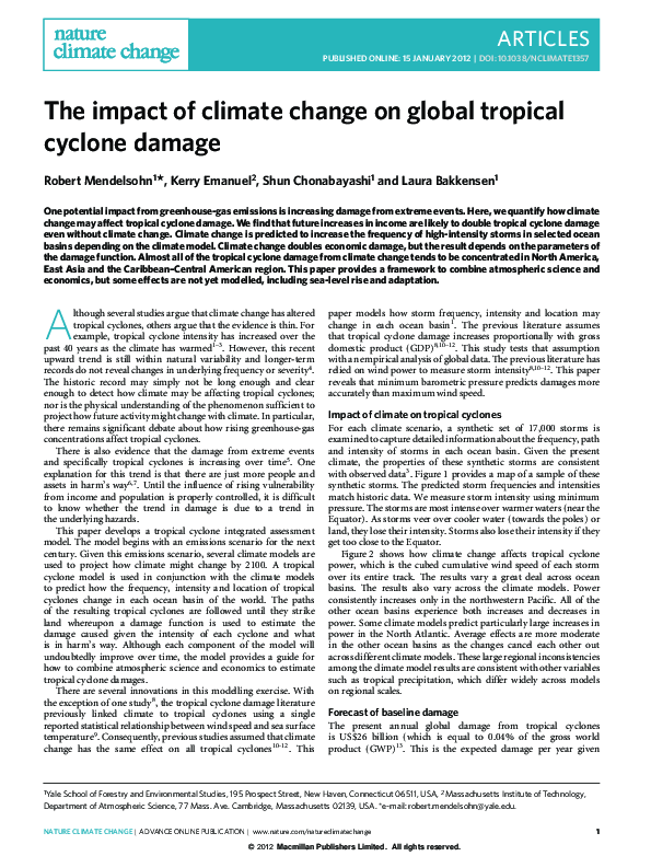 (PDF) The impact of climate change on global tropical cyclone damage