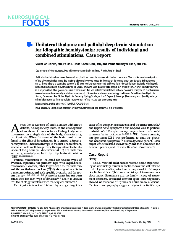 (PDF) Unilateral thalamic and pallidal deep brain stimulation for ...