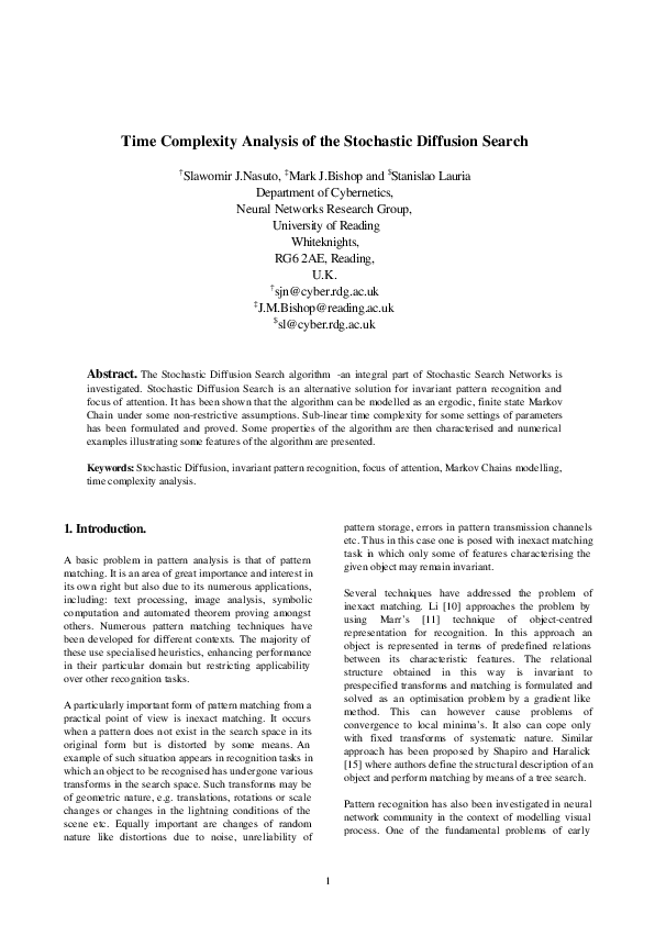 (PDF) Time Complexity Analysis of the Stochastic Diffusion Search