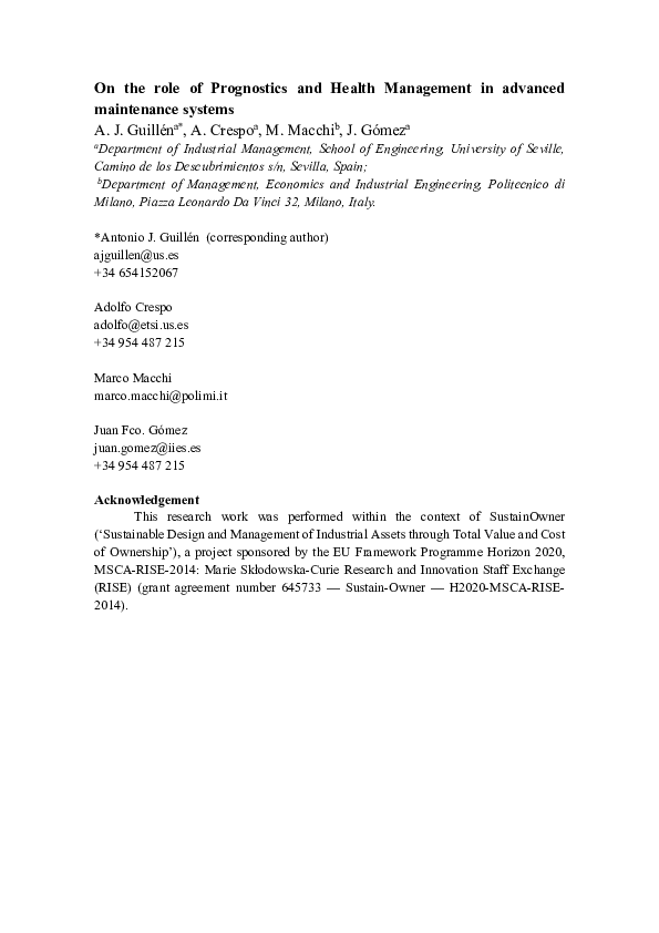 (PDF) On the role of Prognostics and Health Management in advanced ...