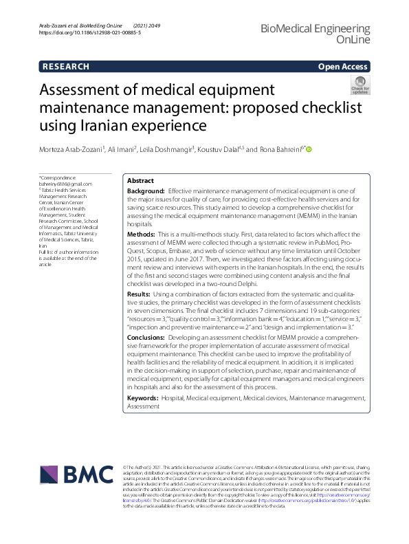 (PDF) Assessment of medical equipment maintenance management proposed