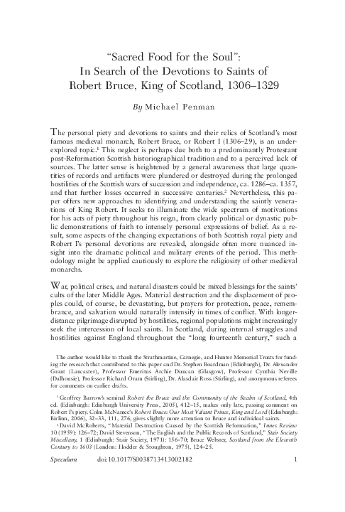 “Sacred Food for the Soul”: In Search of the Devotions to Saints of Robert Bruce, King of Scotland, 1306–1329
