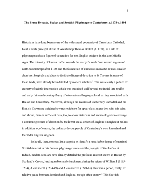 The Bruce dynasty, Becket and Scottish pilgrimage to Canterbury, c. 1178- c. 1404