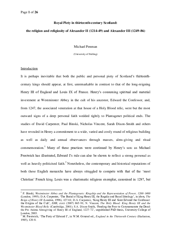 Royal Piety in Thirteenth-century Scotland: The Religion and Religiosity of Alexander II (1214–49) and Alexander III (1249–86)