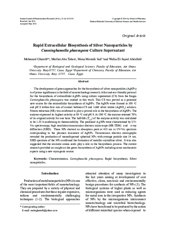 (PDF) Rapid Extracellular Biosynthesis of Silver Nanoparticles by ...