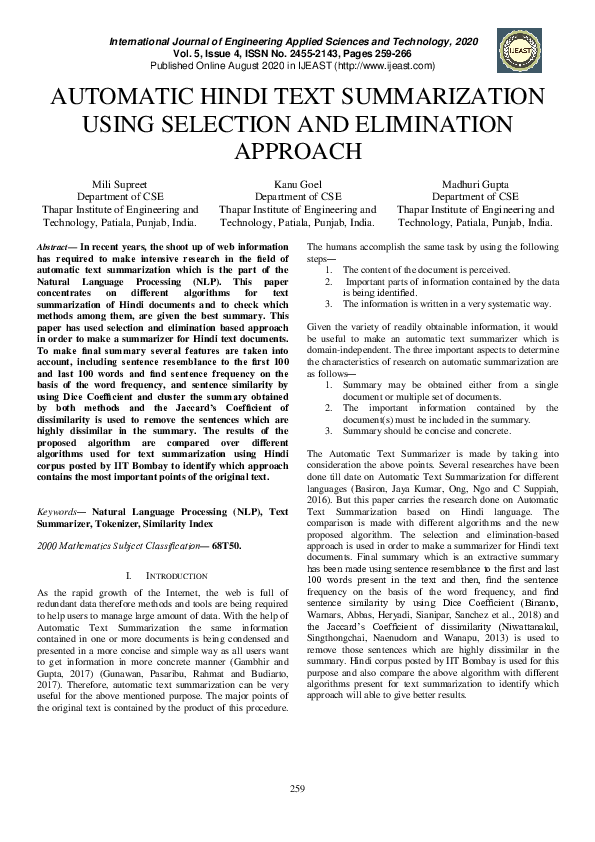 (PDF) Automatic Hindi Text Summarization Using Selection and ...