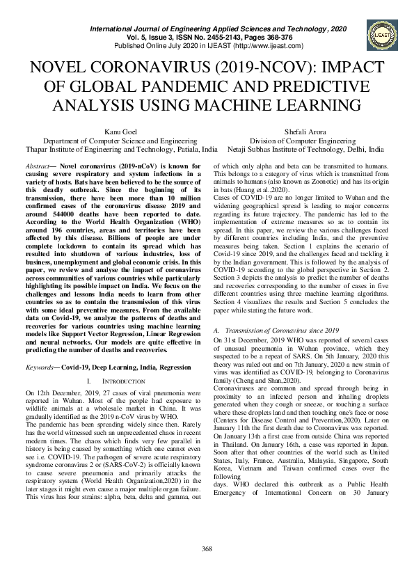 (PDF) Novel Coronavirus (2019-NCOV): Impact of Global Pandemic and ...