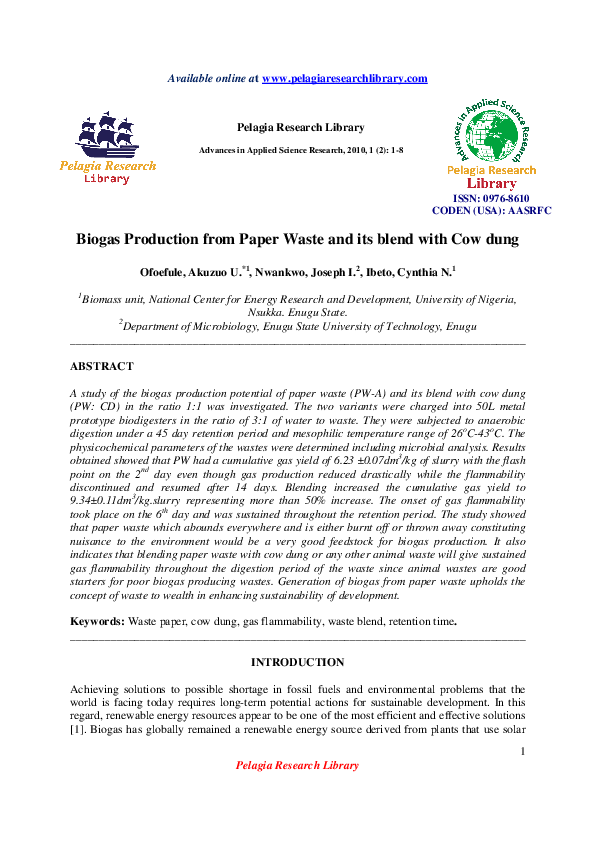 (PDF) Biogas Production from Paper Waste and its blend with Cow dung