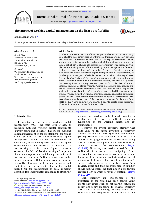 (PDF) The impact of working capital management on the firm's profitability