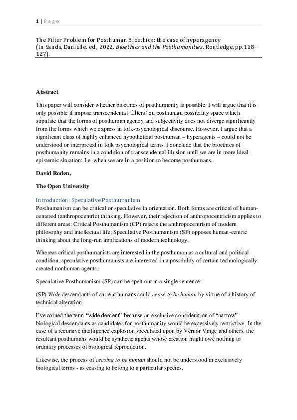 (PDF) The Filter Problem for Posthuman Bioethics: the case of hyperagency