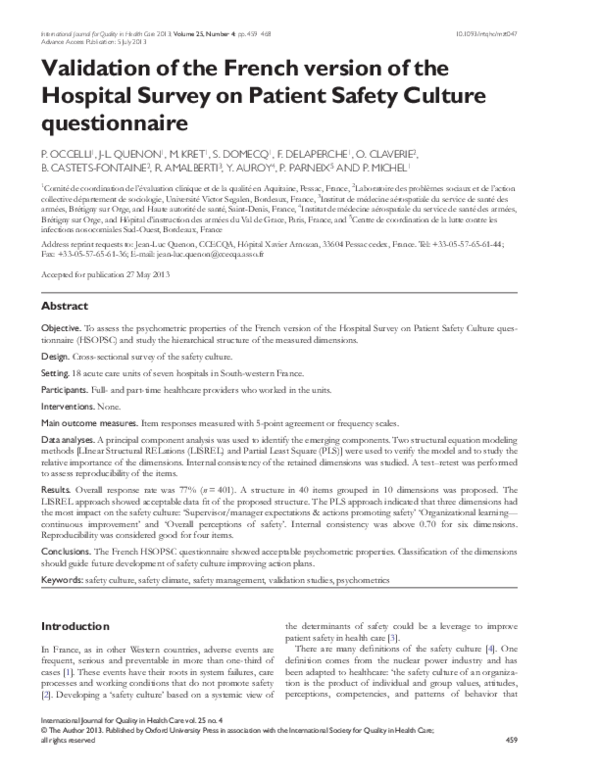 (PDF) Validation of the French version of the Hospital Survey on