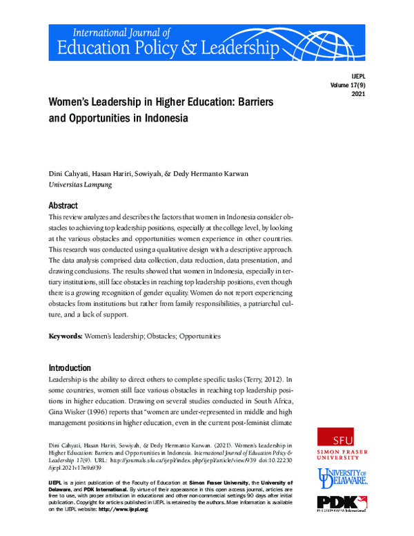 (PDF) Women's Leadership in Higher Education Barriers and Opportunities ...
