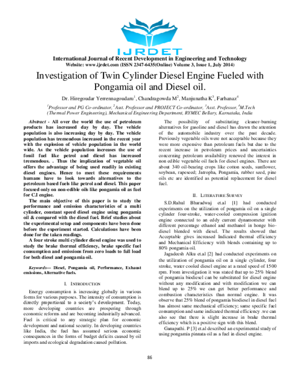 (PDF) Investigation of Twin Cylinder Diesel Engine Fueled with Pongamia ...