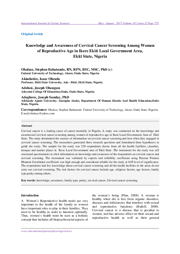(PDF) Knowledge and Awareness of Cervical Cancer Screening Among Women ...