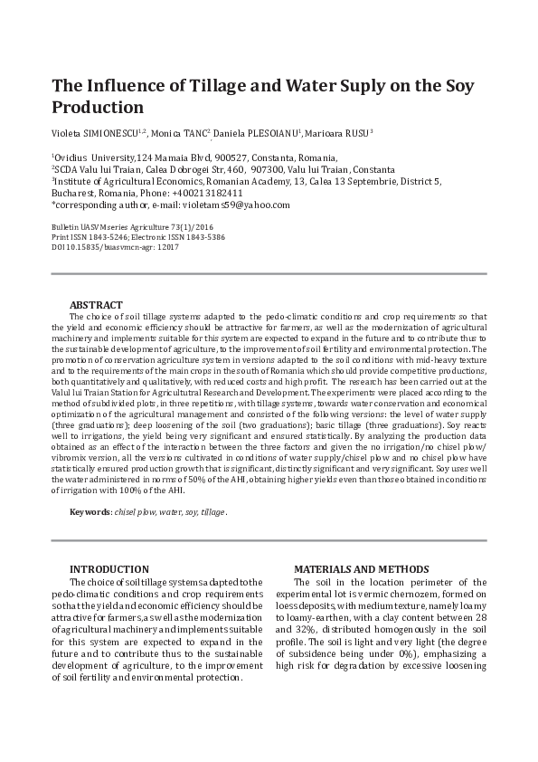 (PDF) The Influence of Tillage and Water Suply on the Soy Production