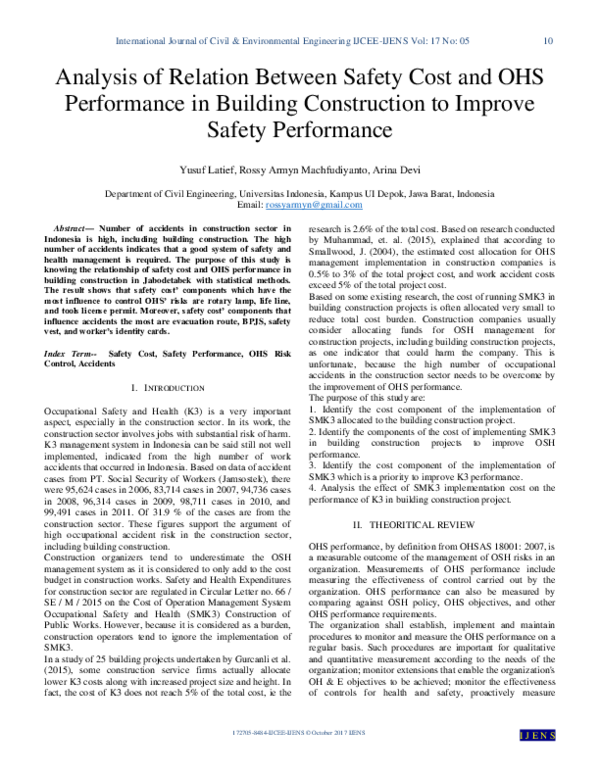 (PDF) Analysis of Relation Between Safety Cost and OHS Performance in Building Construction to