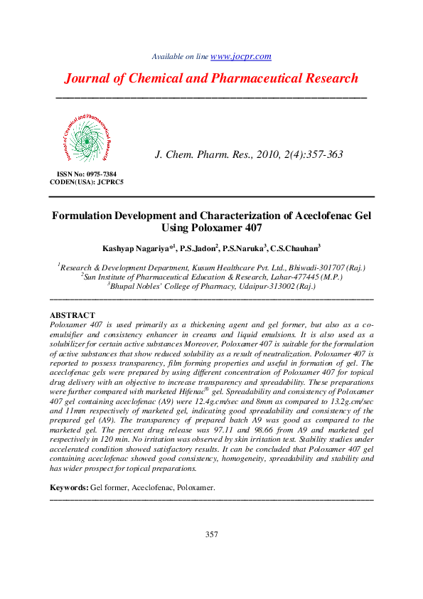 (PDF) Formulation Development and Characterization of Aceclofenac Gel ...