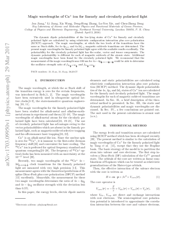 (PDF) Magic wavelengths of Ca+ ion for linearly and circularly ...