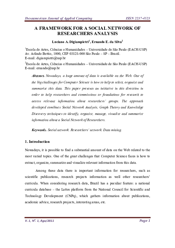 (PDF) A Framework for Social Network of Researchers Analysis