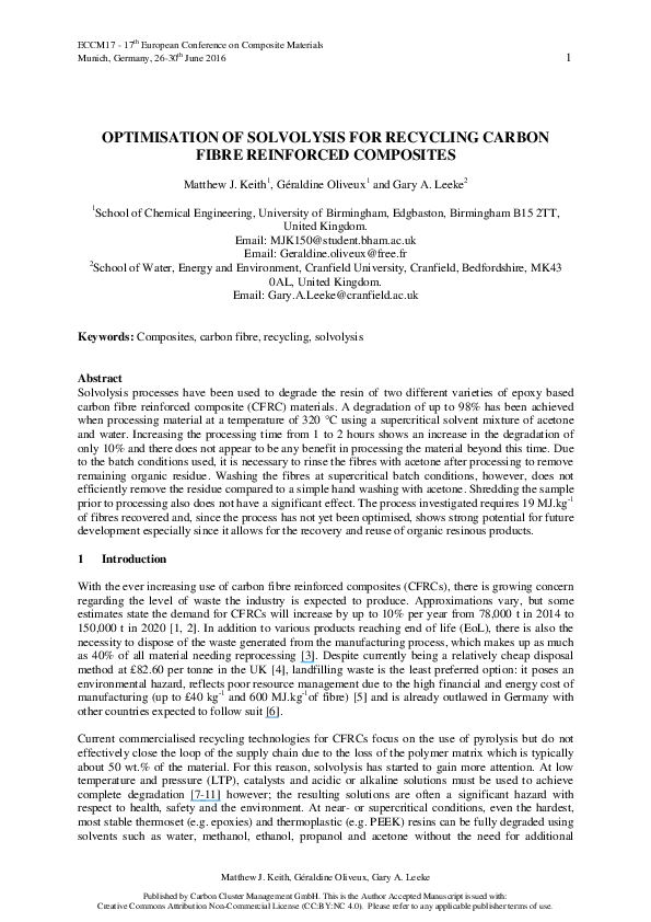 (PDF) Optimisation of solvolysis for recycling carbon fibre reinforced ...
