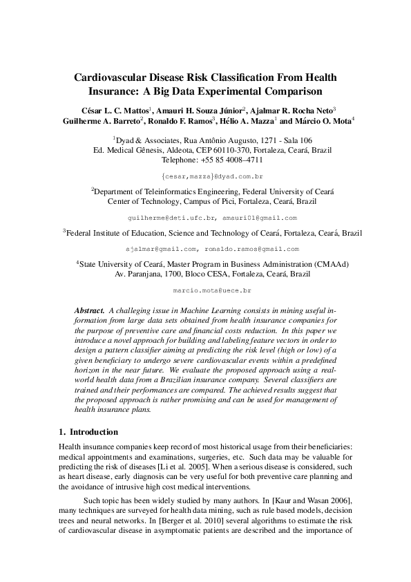 (PDF) Cardiovascular Disease Risk Classification From Health Insurance ...