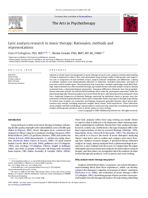 (PDF) Lyric analysis research in music therapy: Rationales, methods and ...