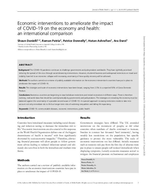 (PDF) Economic interventions to ameliorate the impact of COVID-19 on ...