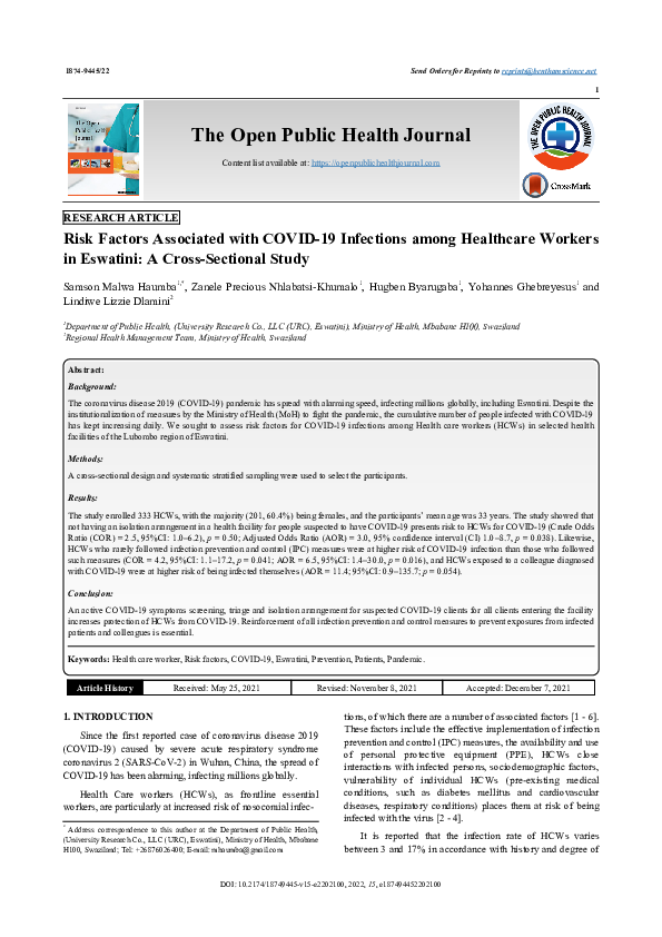 (PDF) Risk Factors Associated with COVID-19 Infections among Healthcare ...