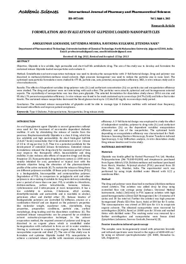 (PDF) Formulation and Evaluation of Glipizide Loaded Nanoparticles