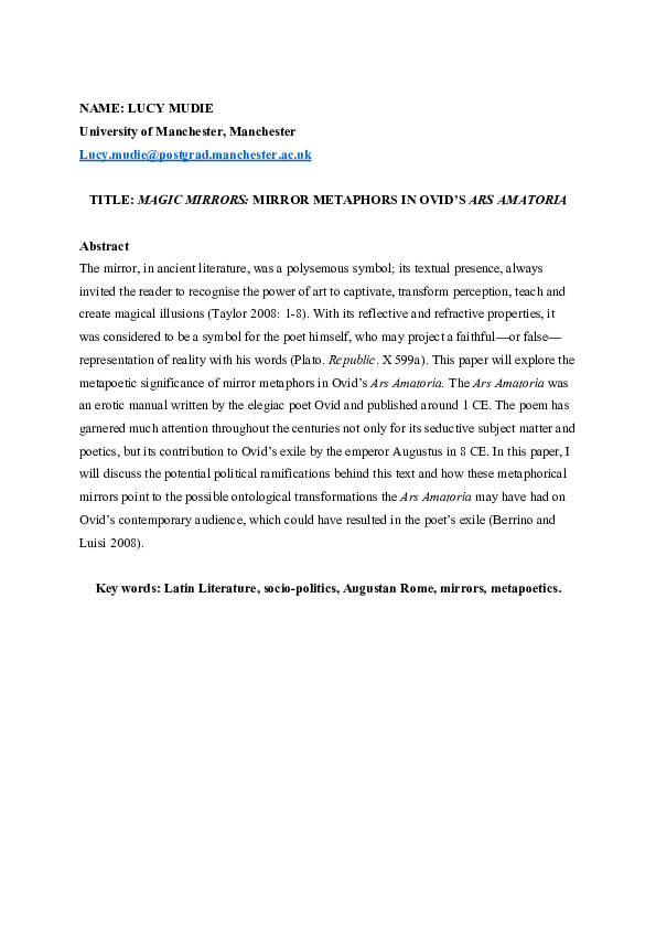 (PDF) Magic Mirrors Mirror Metaphors in Ovid's 'Ars Amatoria' (IVMSC Conference, March 2021