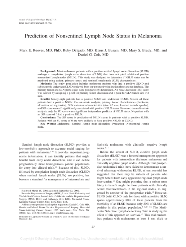 (PDF) Prediction of Nonsentinel Lymph Node Status in Melanoma