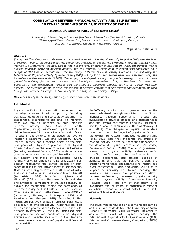 (PDF) Correlation Between Physical Activity and Self Esteem in Female ...