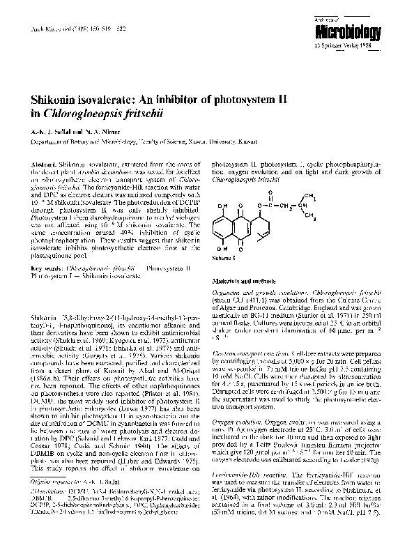 (PDF) Shikonin isovalerate: An inhibitor of photosystem II in ...